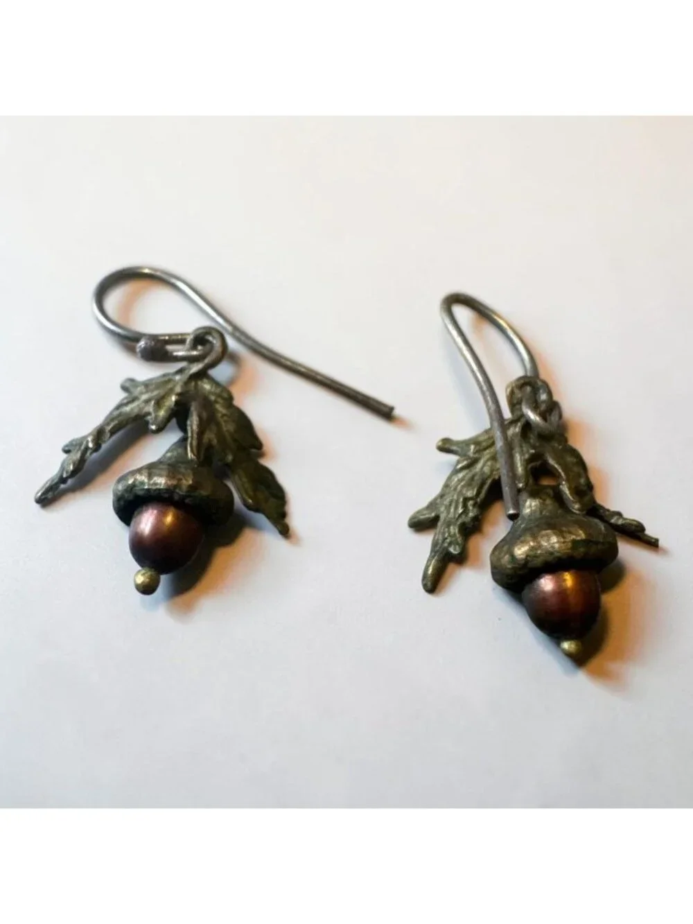Antique Bronze Acorn Drop Earrings With Oak Leaf Details & Brown Beads Nature-In